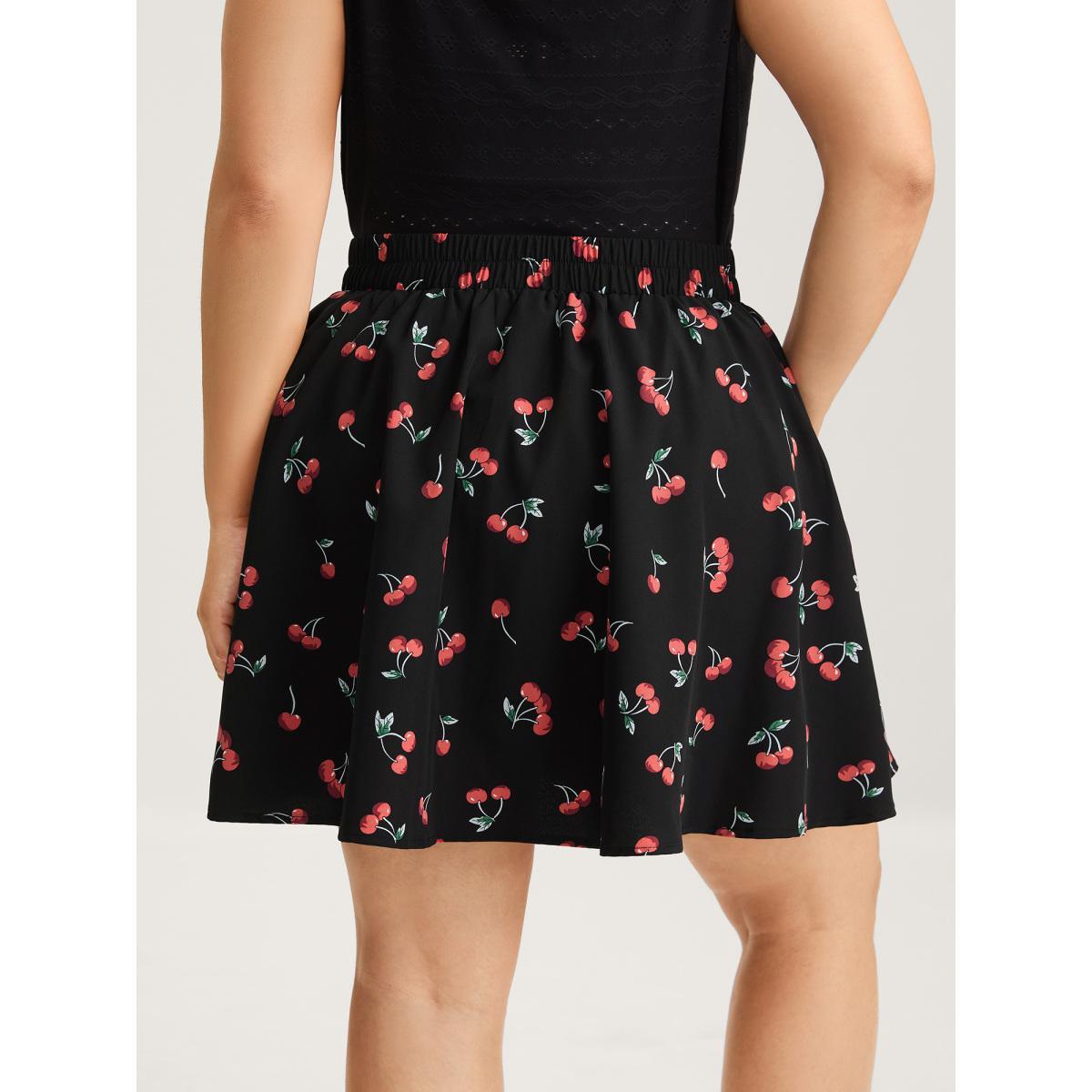 Plus Size Cherry-licious Pleated Midi Skirt Women BlackFlower Casual Loose Low stretch Side seam pocket Everyday-Casual Skirts BloomChic 28/5X Product Image