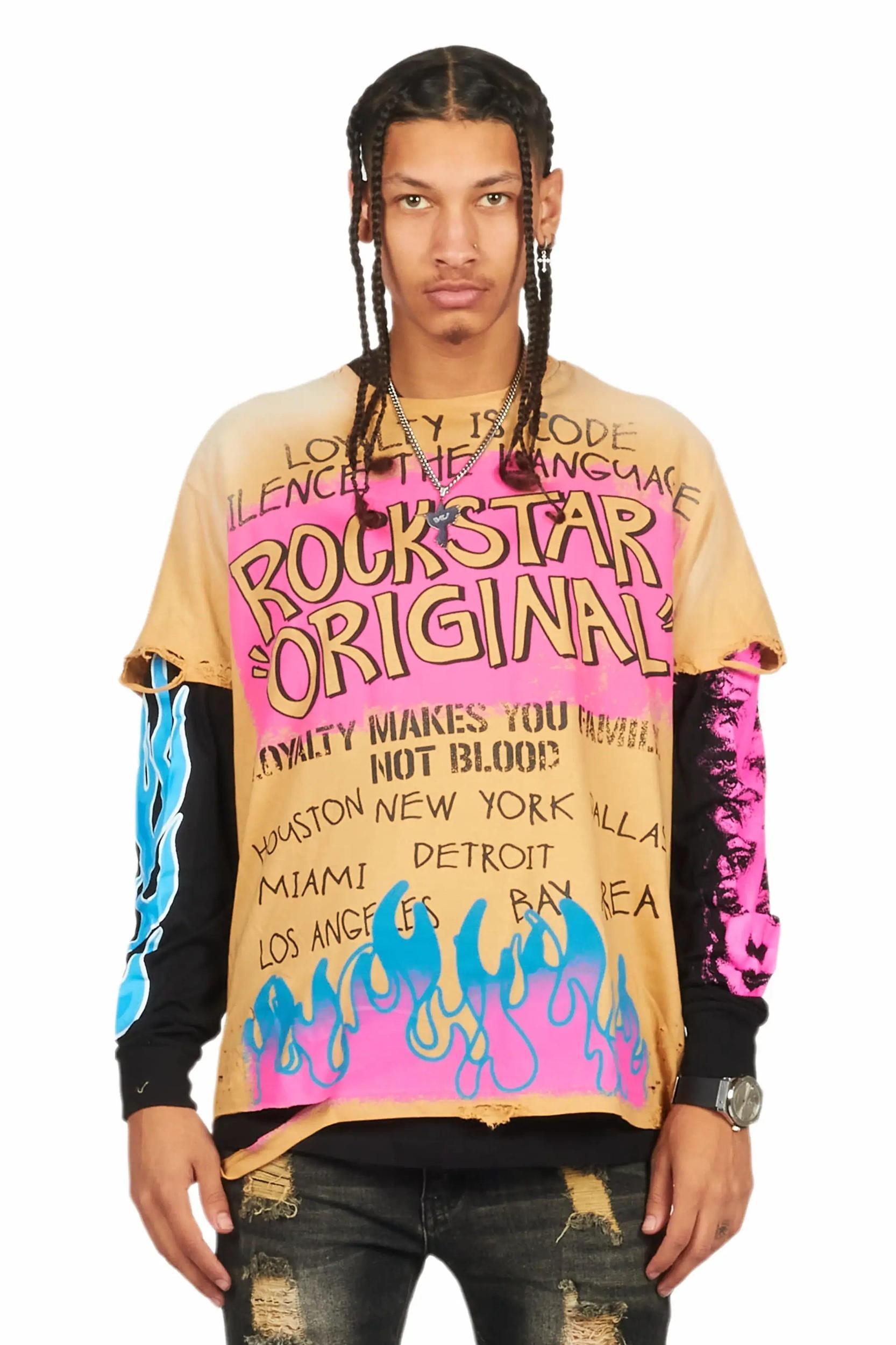 Beno Beige/Black Double Layer Long Sleeve Graphic T-Shirt Male Product Image