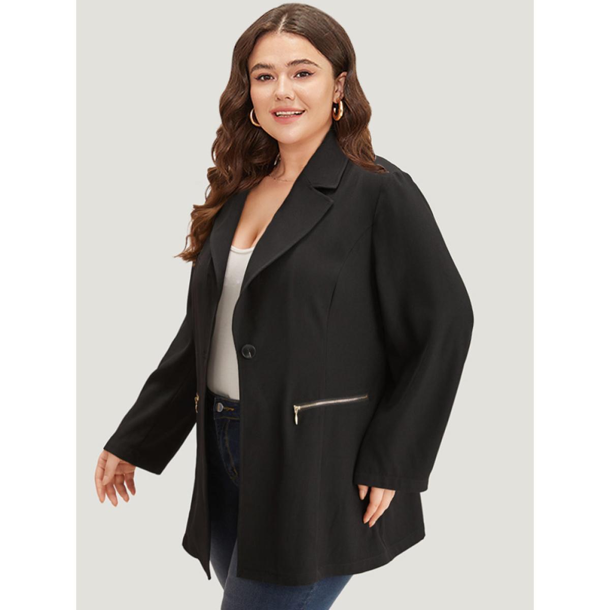 Plus Size Lapel Collar Zipper Button Up Blazer Black Women Work Plain Plain Sleeve Long Sleeve Lapel Collar 26/4X Pocket Office Blazers BloomChic Product Image