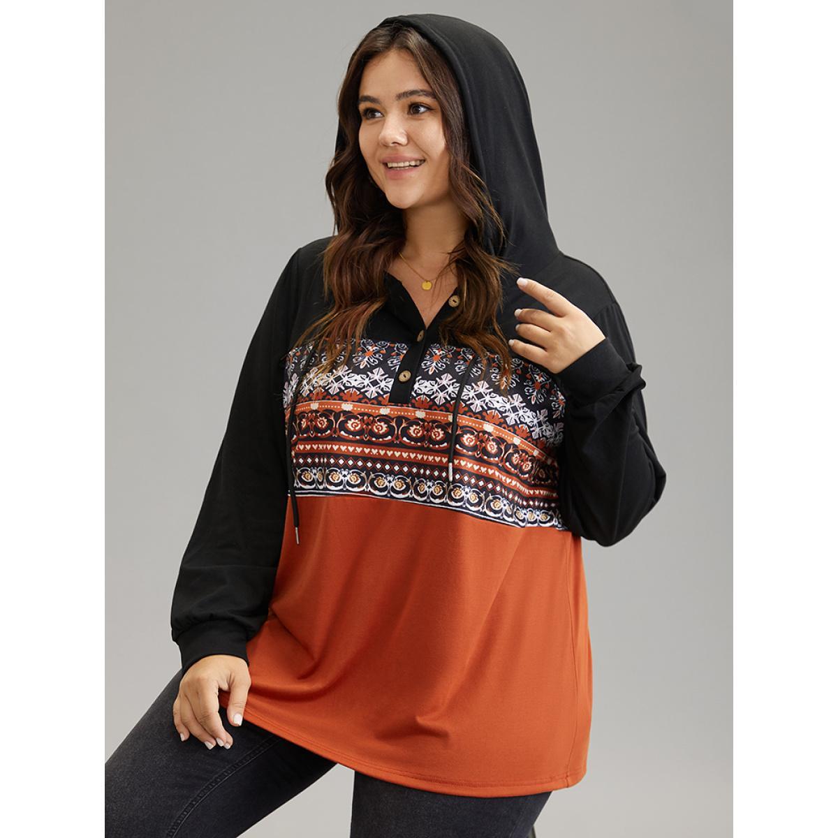 Plus Size Contrast Bandana Button Up Hooded T-shirt Multicolor Women Casual Contrast Bohemian Print Hooded Dailywear T-shirts BloomChic 22-24/3X Product Image