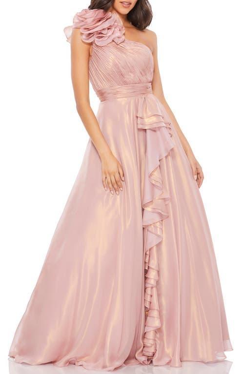 Mac Duggal Iridescent One Shoulder Rosette Ruffled Sleeveless Gown Product Image