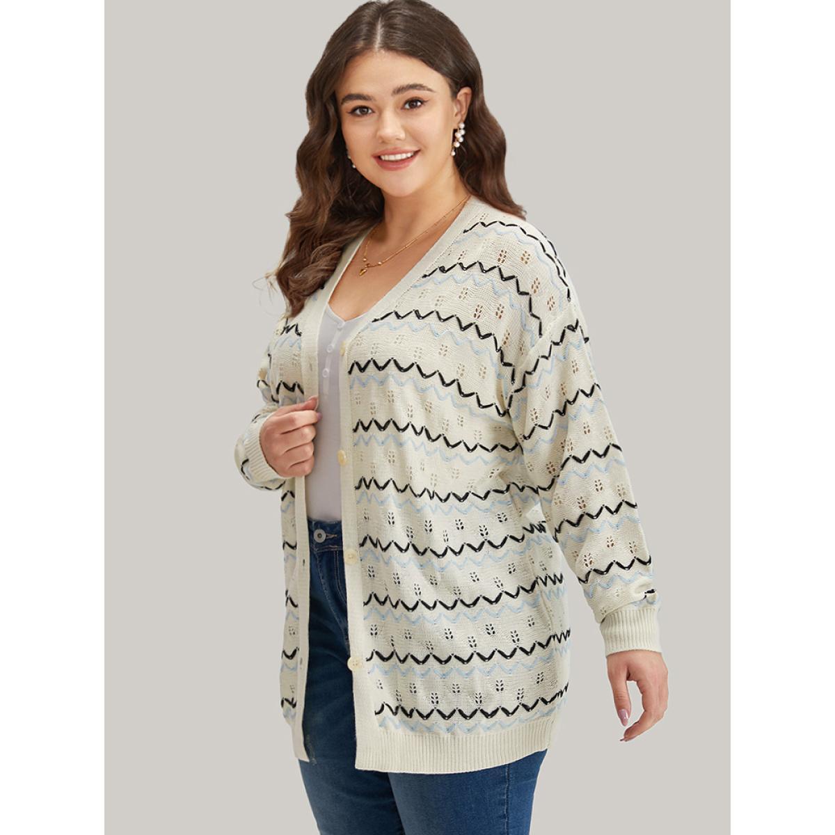 Plus Size UltraCool Wave Striped Eyelet Button Through Cardigan Beige Women Casual Loose Long Sleeve Everyday Cardigans BloomChic 14-16/1X Product Image