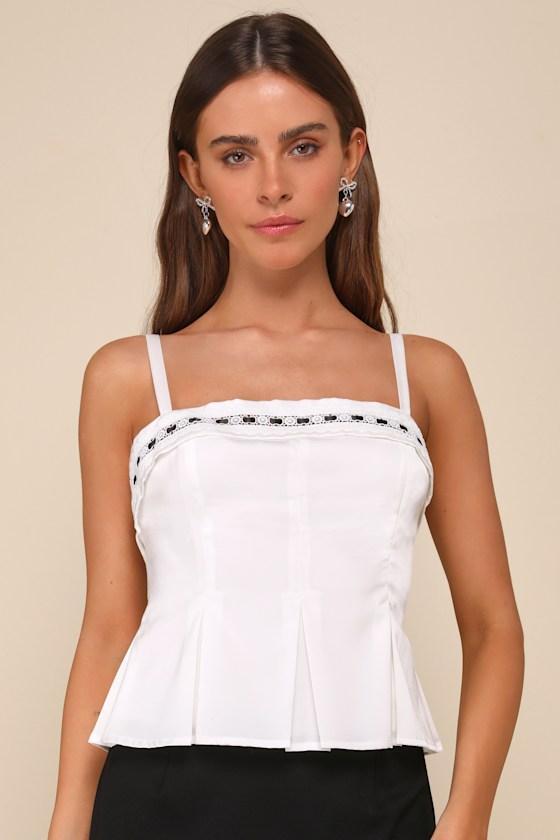 Charming Design White Crochet Lace Pleated Ribbon Tank Top Product Image