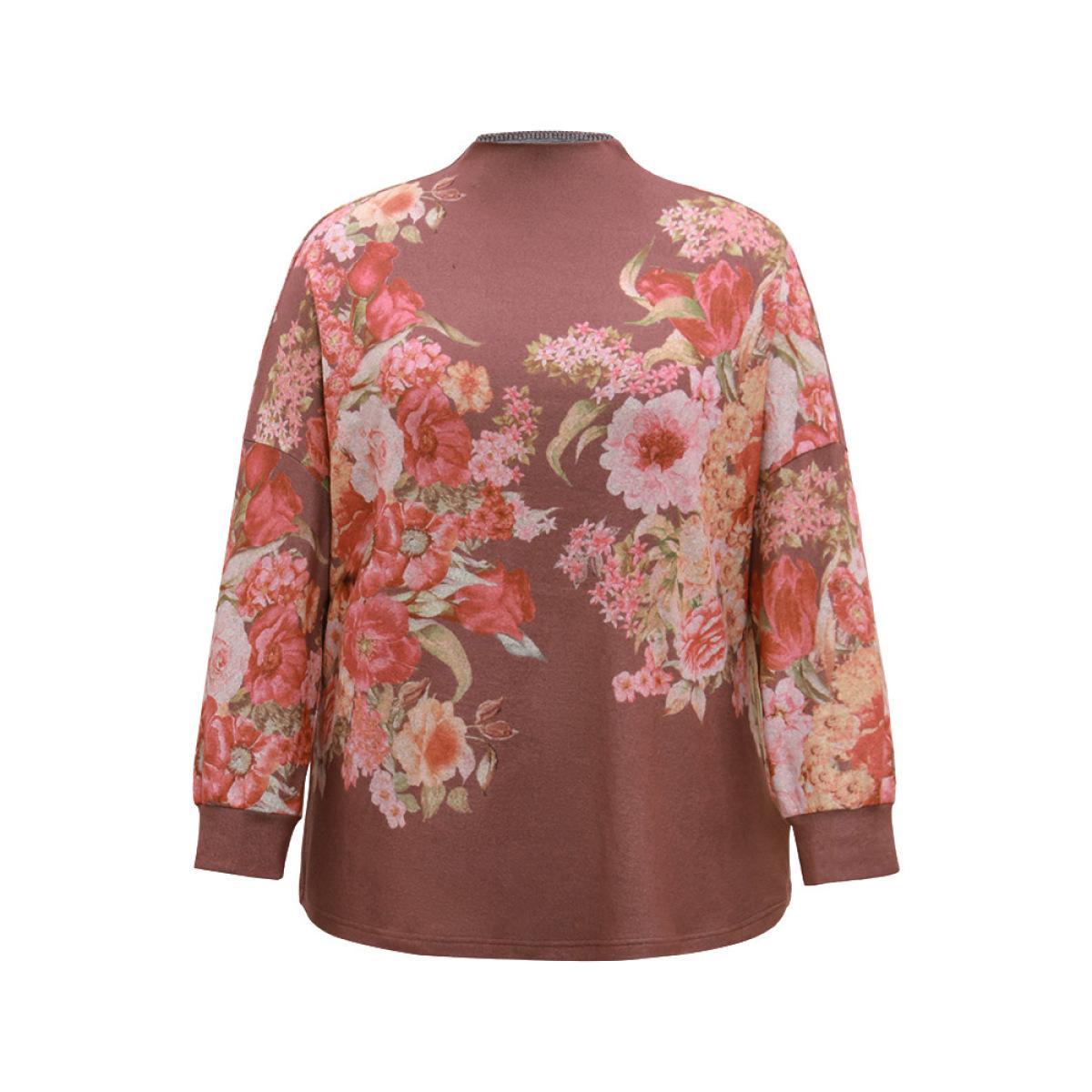 Plus Size Floral Print Mock Neck Elastic Cuffs Sweatshirt Women DarkBrown Elegant Printed Mock Neck Dailywear Sweatshirts BloomChic 28/5X Product Image