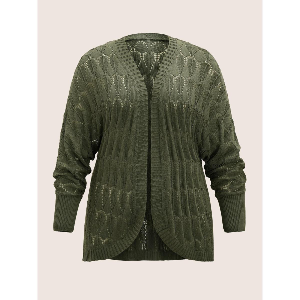 Plus Size Solid Geometric Hollow Out Batwing Sleeve Cardigan ArmyGreen Women Everyday Casual Cover Ups Bloomchic 14-16/1X Product Image