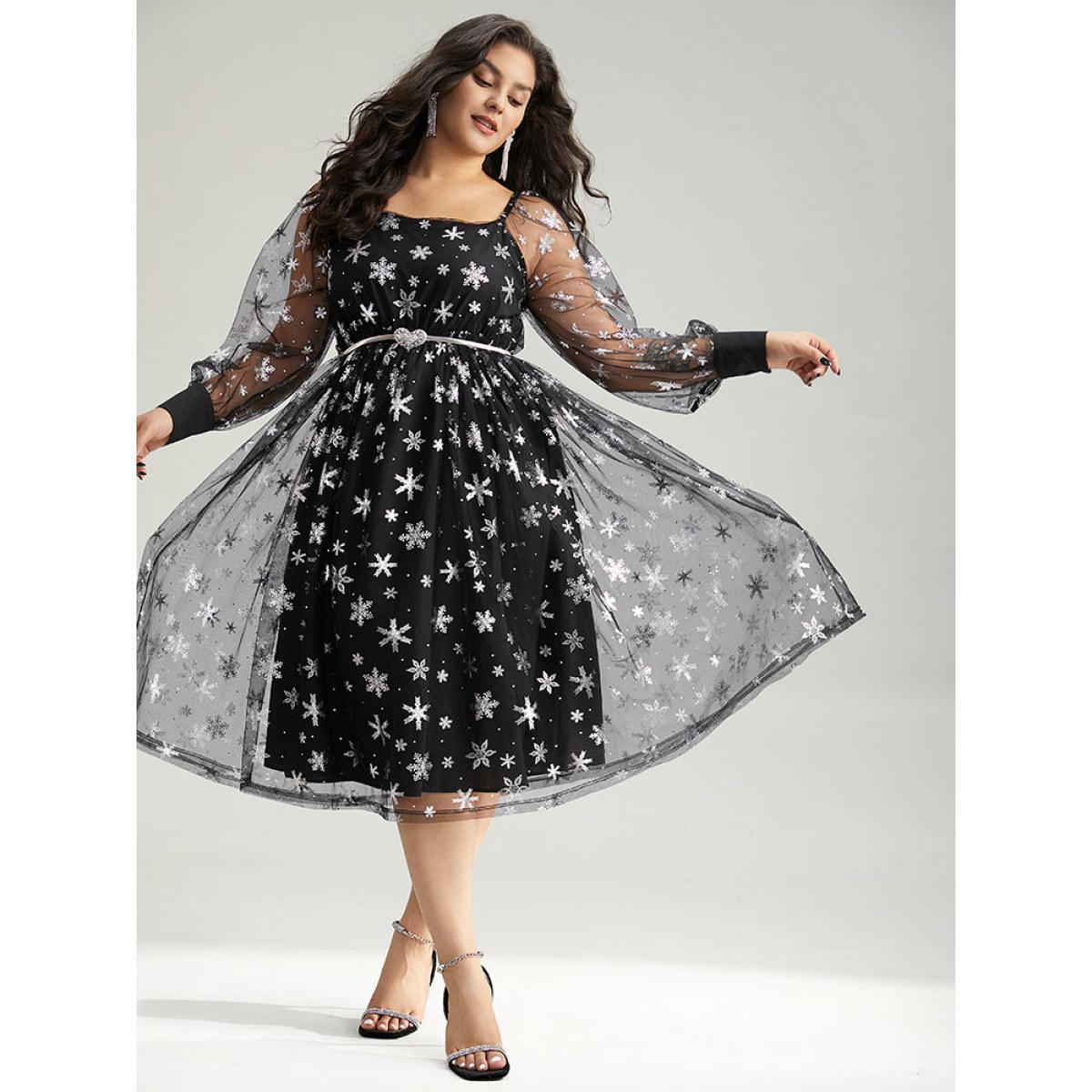 Plus Size Christmas Snowflake Glitter Mesh Square Neck Dress Black Women Party Gathered Square Neck Long Sleeve Curvy Midi Dress BloomChic 14-16/1X Product Image