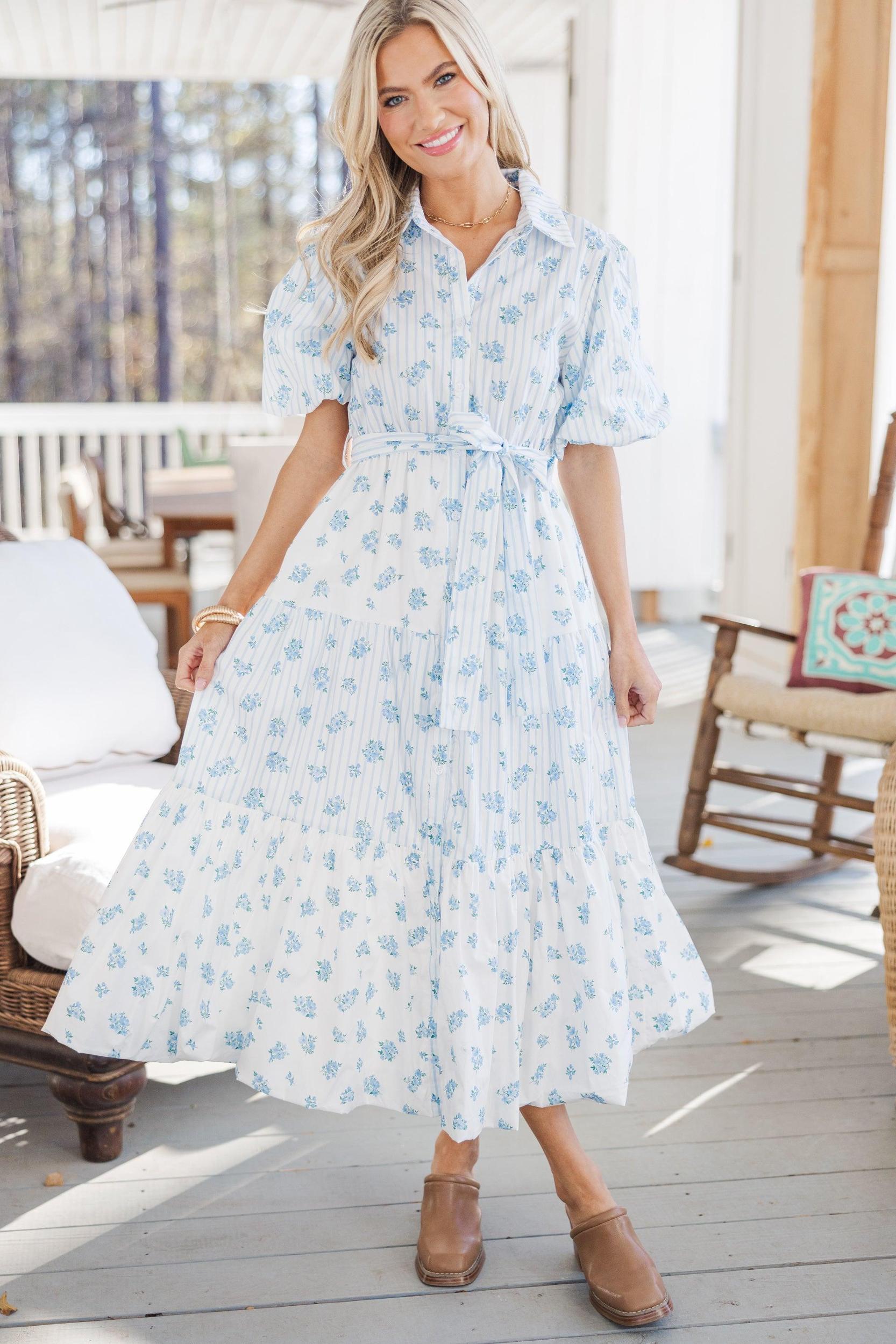 The Only One Light Blue Striped Midi Dress Female Product Image