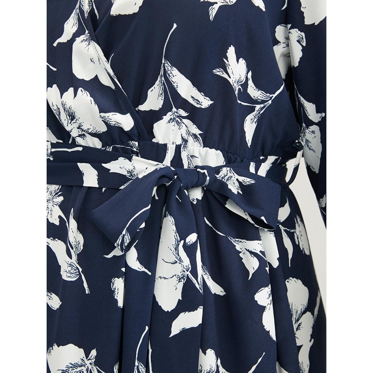 Plus Size Floral Pocket Surplice Neck Belted Midi Dress DarkBlue Women Casual Belted V-neck Long Sleeve Curvy Midi Dress BloomChic 26/4X Product Image