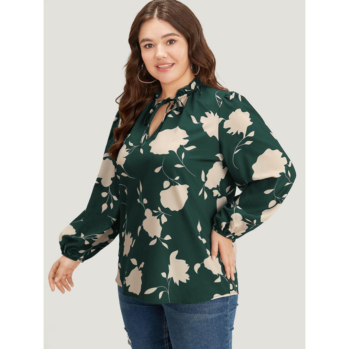 Plus Size DarkGreen Silhouette Floral Print Stand Collar Tie Neck Blouse Women Elegant Long Sleeve Tie Neck Dailywear Blouses BloomChic 12/L Product Image