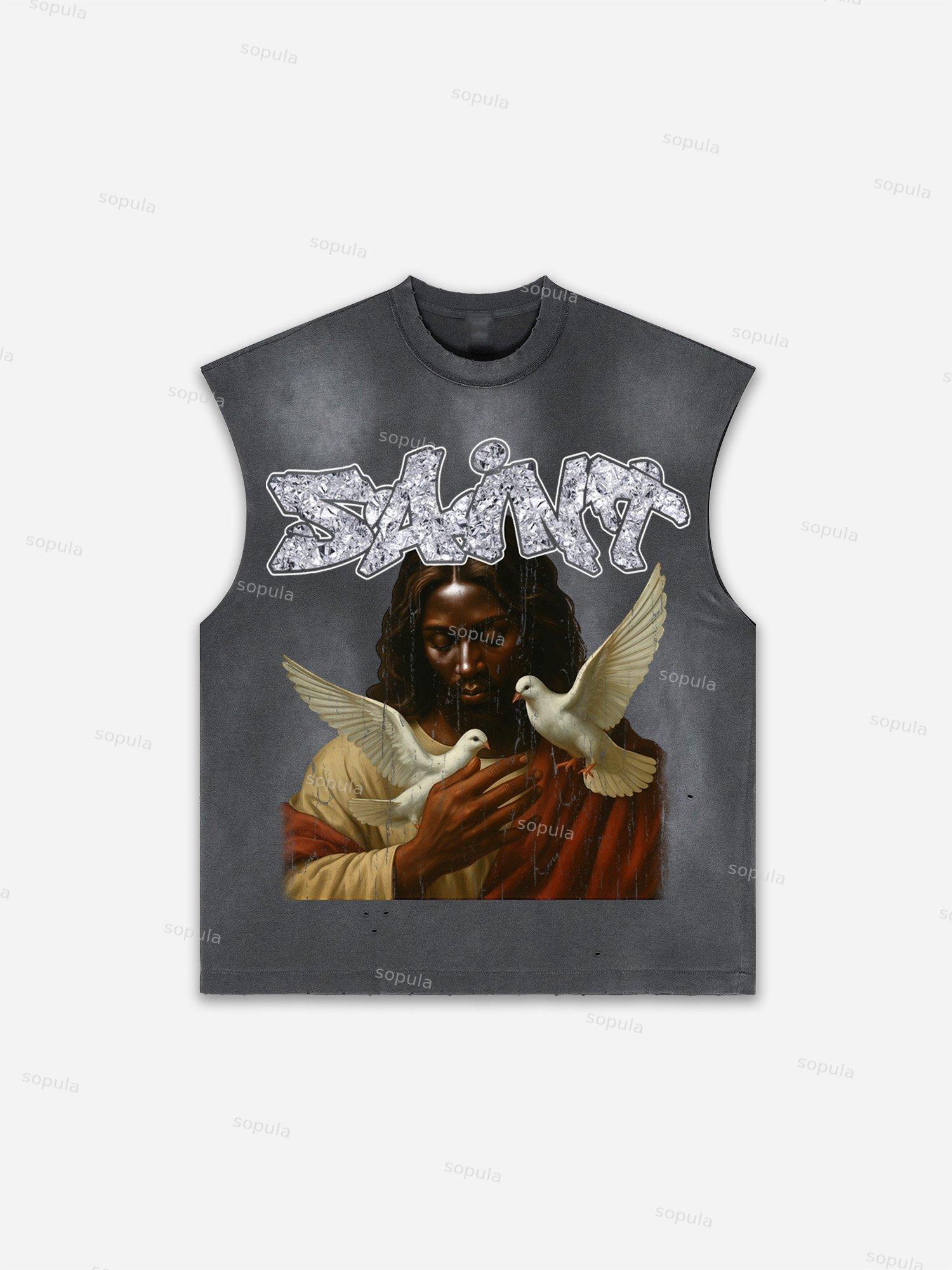 God Loves The World Saints Jesus Vintage Graphic Distressed Tank Top Product Image