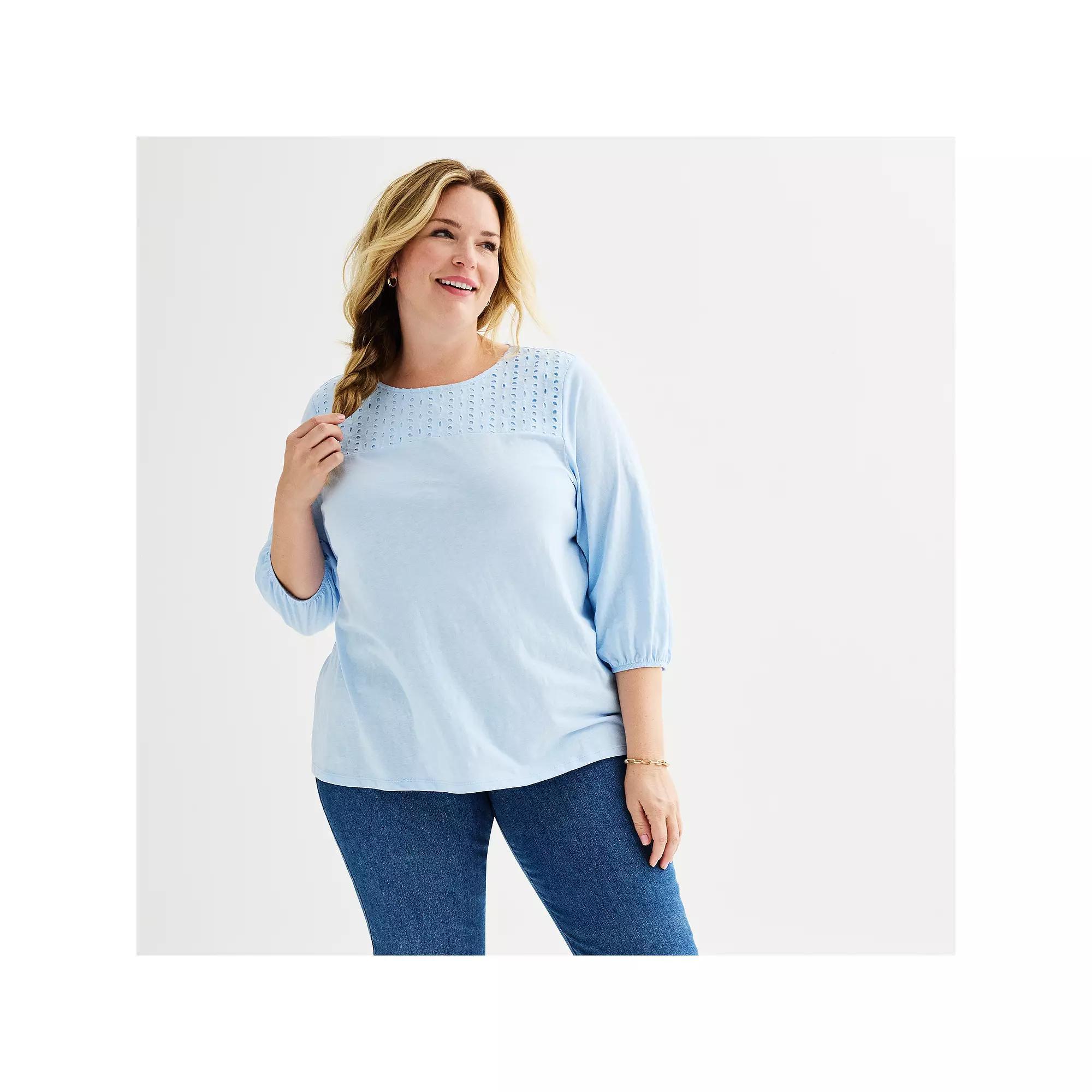 Plus Size Croft & Barrow® Eyelet Yoke 3/4-Sleeve Top, Women's, Size: 0X, Clear Blue Product Image