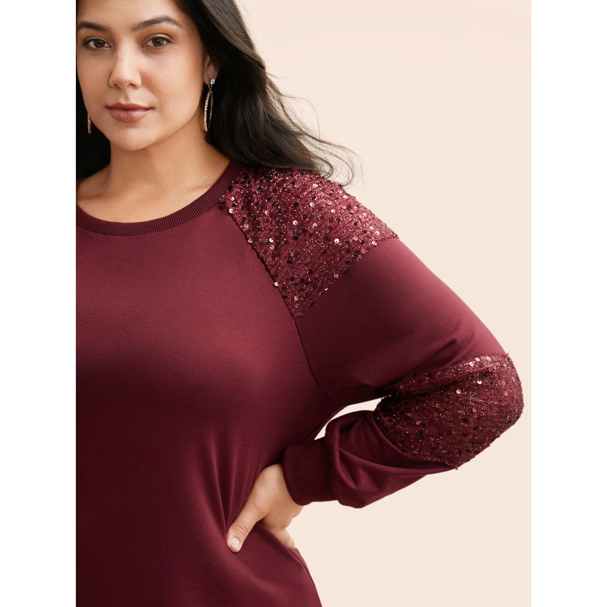 Plus Size Sequin Patchwork Raglan Sleeve Sweatshirt Women Burgundy Casual Patchwork Round Neck Everyday Sweatshirts BloomChic 26/4X Product Image