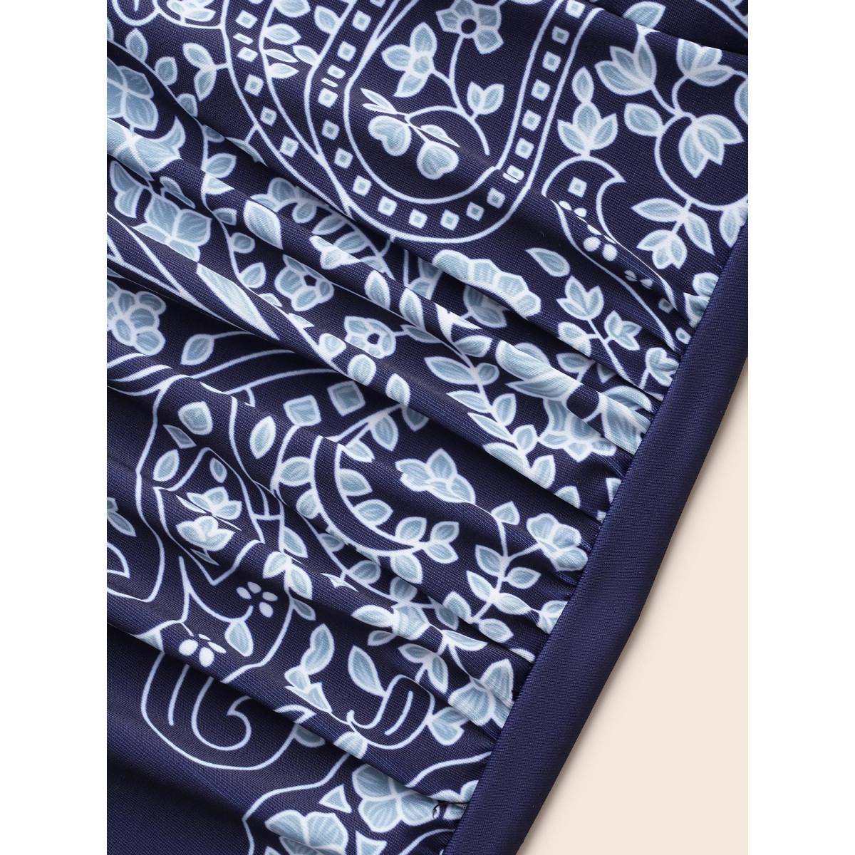 Plus Size Surplice Neck Boho Ruched One-Piece Swimsuit Women's Swimwear Indigo Beach Gathered Curve Bathing Suits High stretch One Pieces BloomChic 14-16/1X Product Image