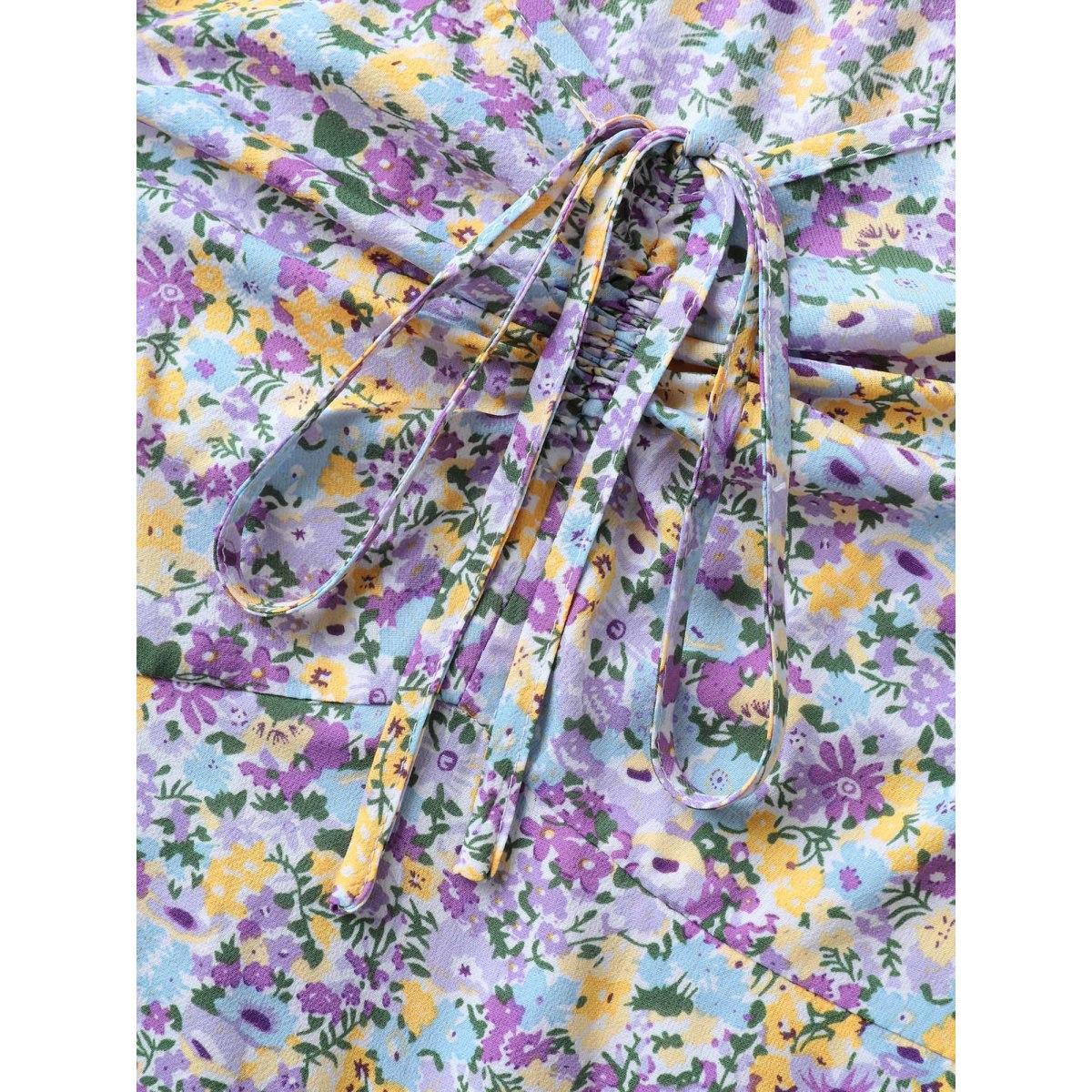 Plus Size Ditsy Floral Print Neck Tie Midi Dress Lilac Women Heart neckline Cap Sleeve Curvy BloomChic 10/M Product Image