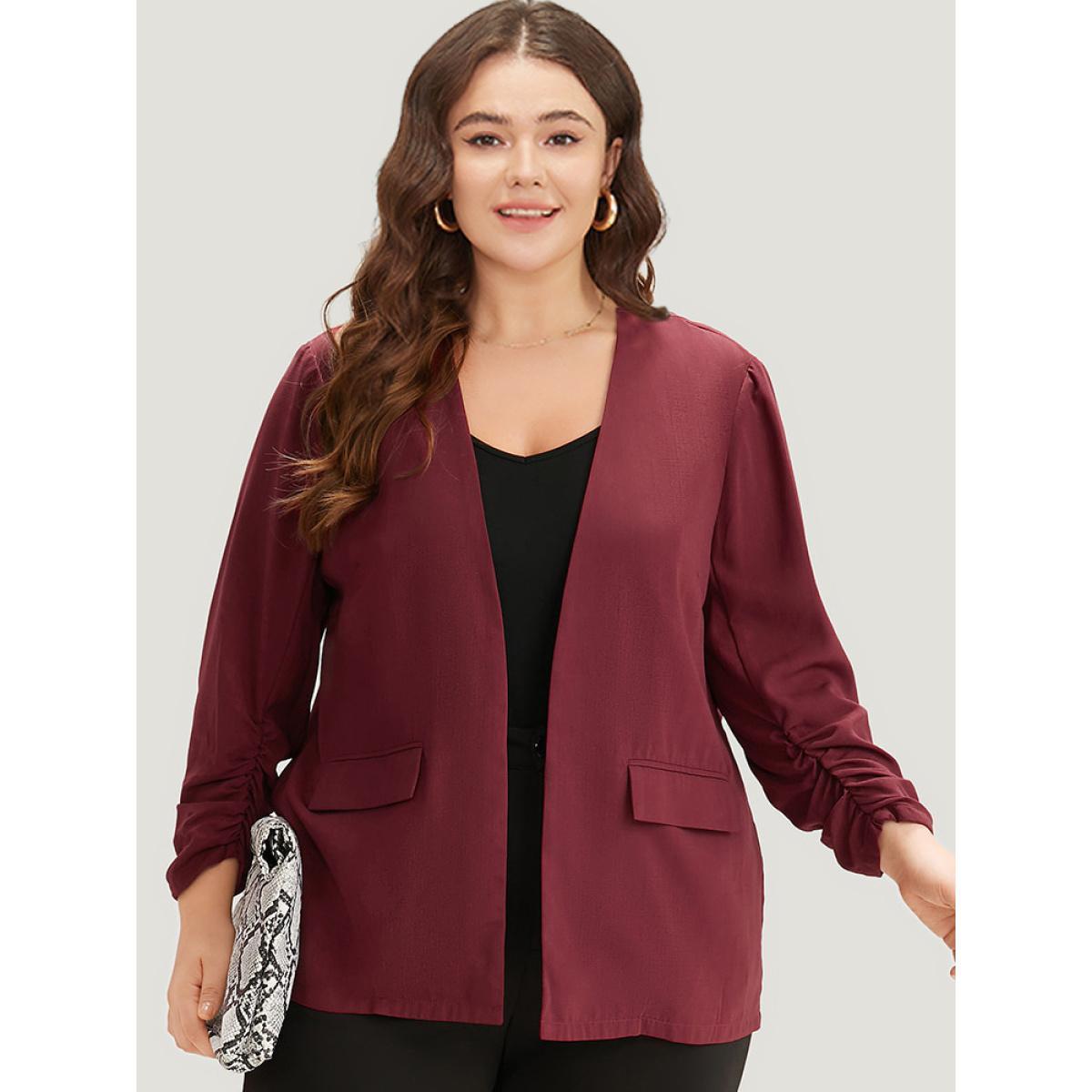 Plus Size Plain Pocket Open Front Gathered Blazer Scarlet Women Work Plain Elastic cuffs Sleeve Long Sleeve Open Front 18-20/2X Pocket Office Blazers BloomChic Product Image