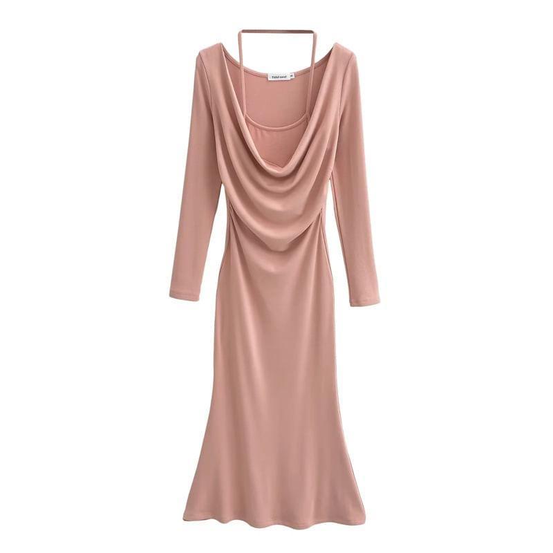 Mock Two-Piece Long-Sleeve Halter Cowl Neck Plain Midi Sheath Dress Product Image