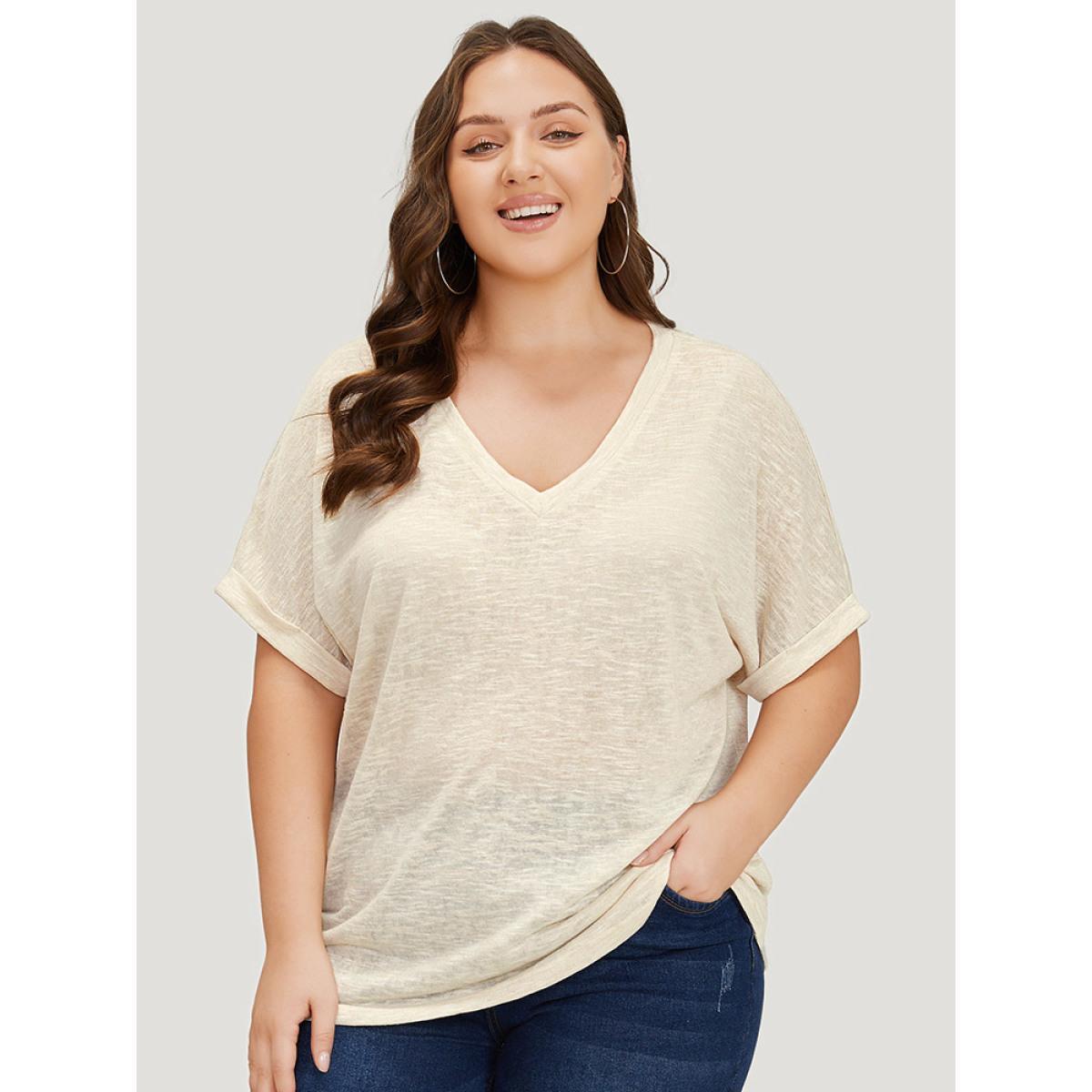 Plus Size Solid Mesh Heather Roll Batwing Sleeve T-shirt Beige Women Casual See through Plain V-neck Dailywear T-shirts BloomChic 18-20/2X Product Image