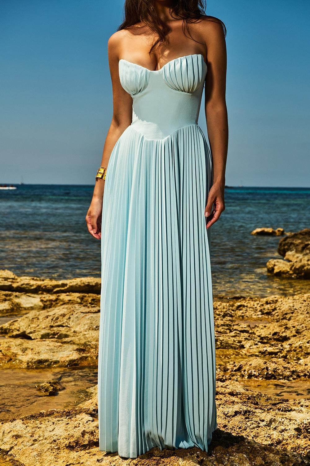 Marcella Ocean Blue Pleated Maxi Dress Product Image