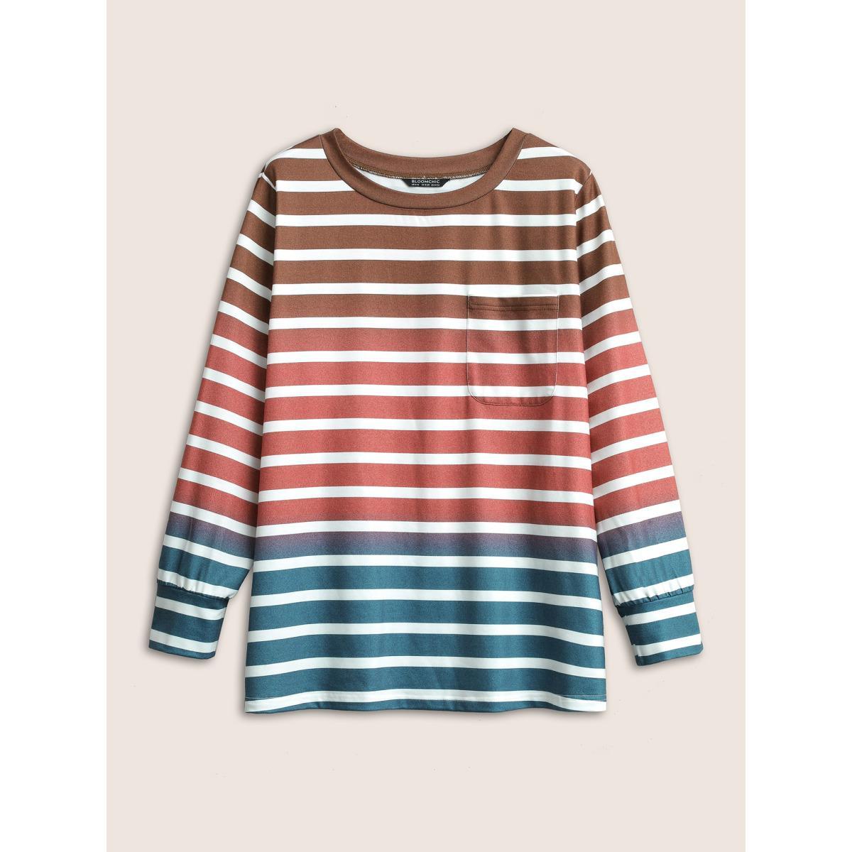 Plus Size Ombre Contrast Striped Patched Pocket Sweatshirt Women Multicolor Casual Non Round Neck Everyday Sweatshirts BloomChic 22-24/3X Product Image