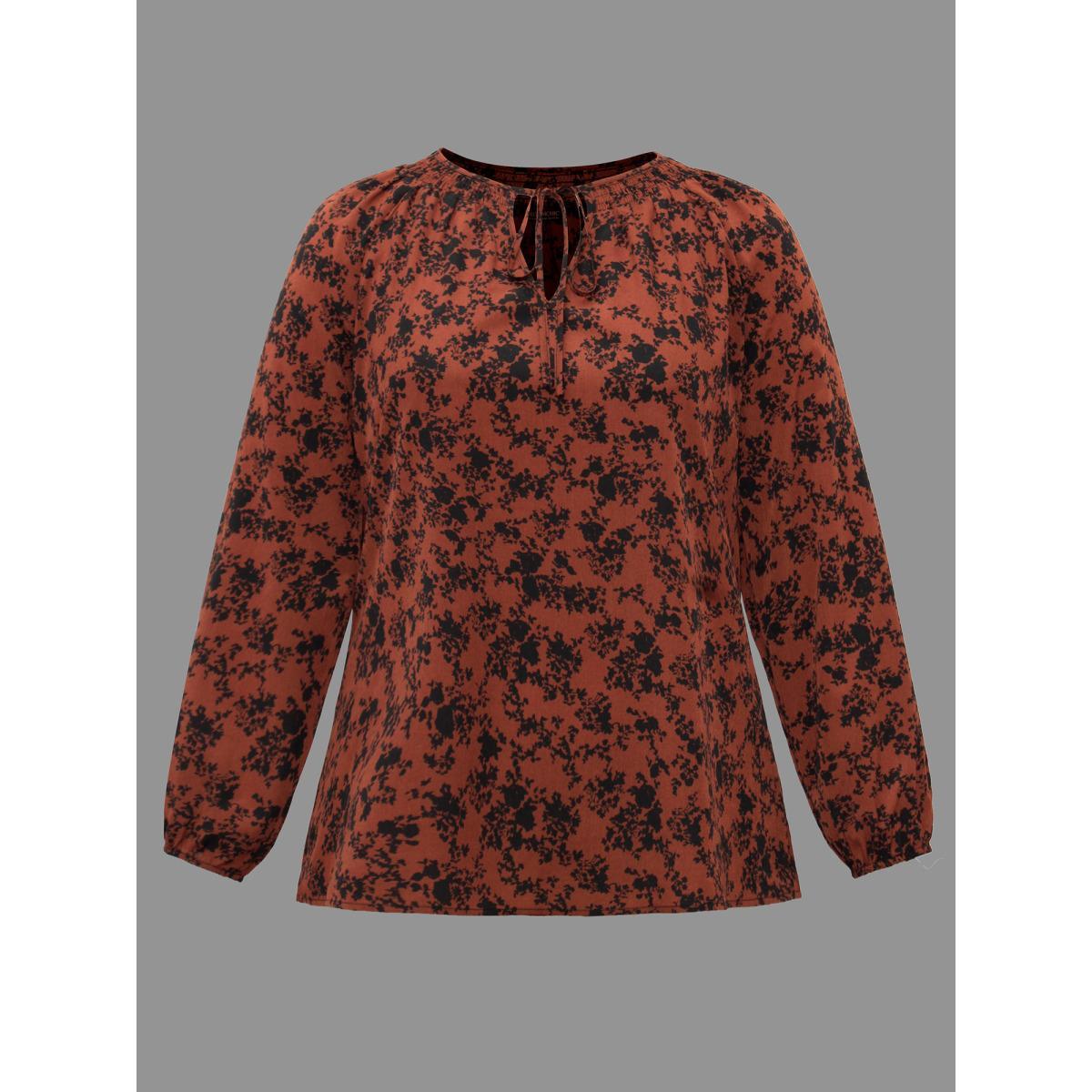 Plus Size Russet Silhouette Floral Print Shirred Gathered Blouse Women Elegant Long Sleeve Wrap collar Everyday Blouses BloomChic 12/L Product Image