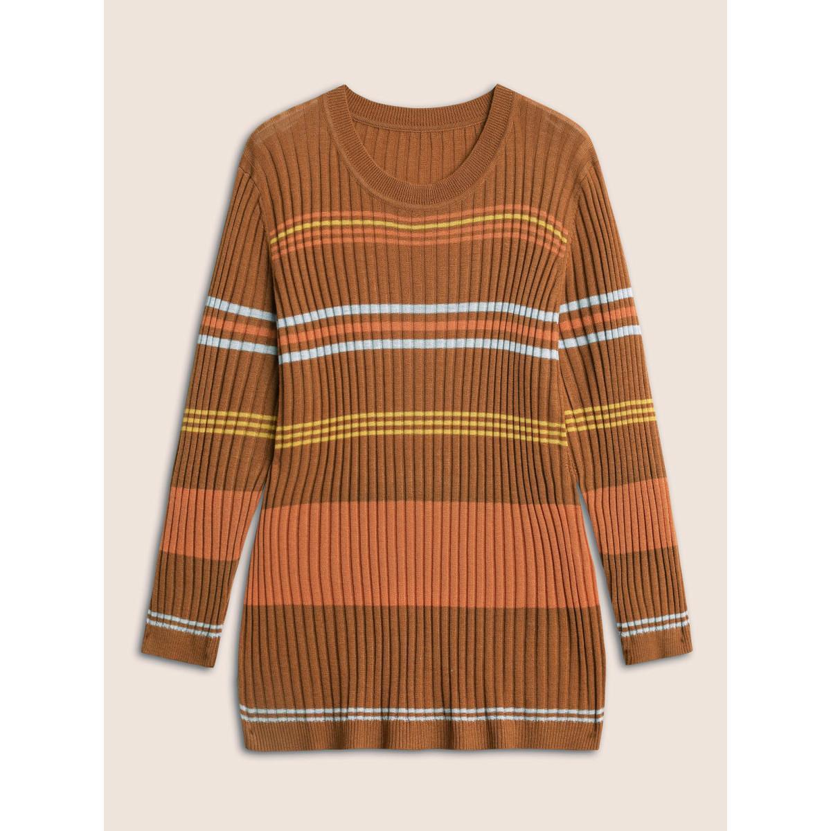 Plus Size Supersoft Essentials Contrast Striped Pullover Rust Women Casual Long Sleeve Round Neck Everyday Pullovers BloomChic 30/6X Product Image