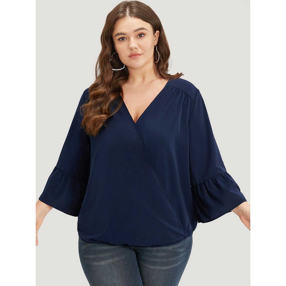 Plus Size Indigo Anti-Wrinkle Plain Surplice Neck Bell Sleeve Blouse Women Office Elbow-length sleeve V-neck Work Blouses BloomChic 12/L Product Image