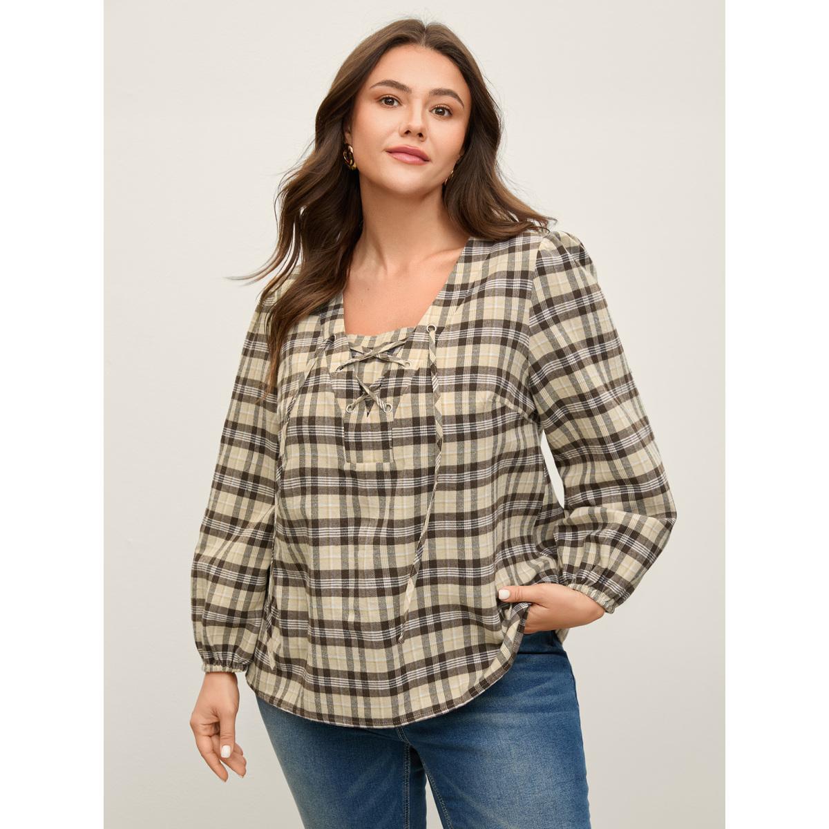 Plus Size DarkBrown Plaid Print Neck Tie-Up Blouse Women Long Sleeve V-neck Work Blouses BloomChic 18-20/2X Product Image