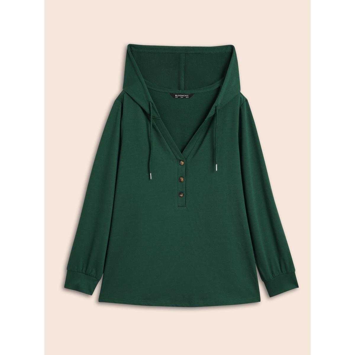 Plus Size Plain Button Up Drawstring Hooded Sweatshirt Women DimGray Casual Elastic cuffs Hooded Dailywear Sweatshirts BloomChic 28/5X Product Image