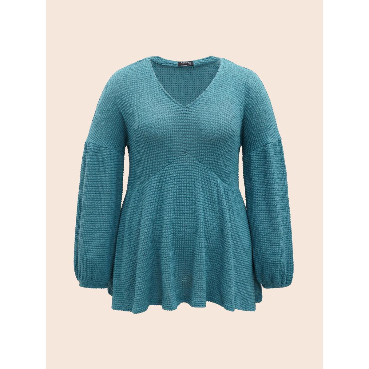 Plus Size Waffle Knit Lantern Sleeve Flutter Hem Sweatshirt Women Cerulean Elegant Texture V-neck Dailywear Sweatshirts BloomChic 10/M Product Image