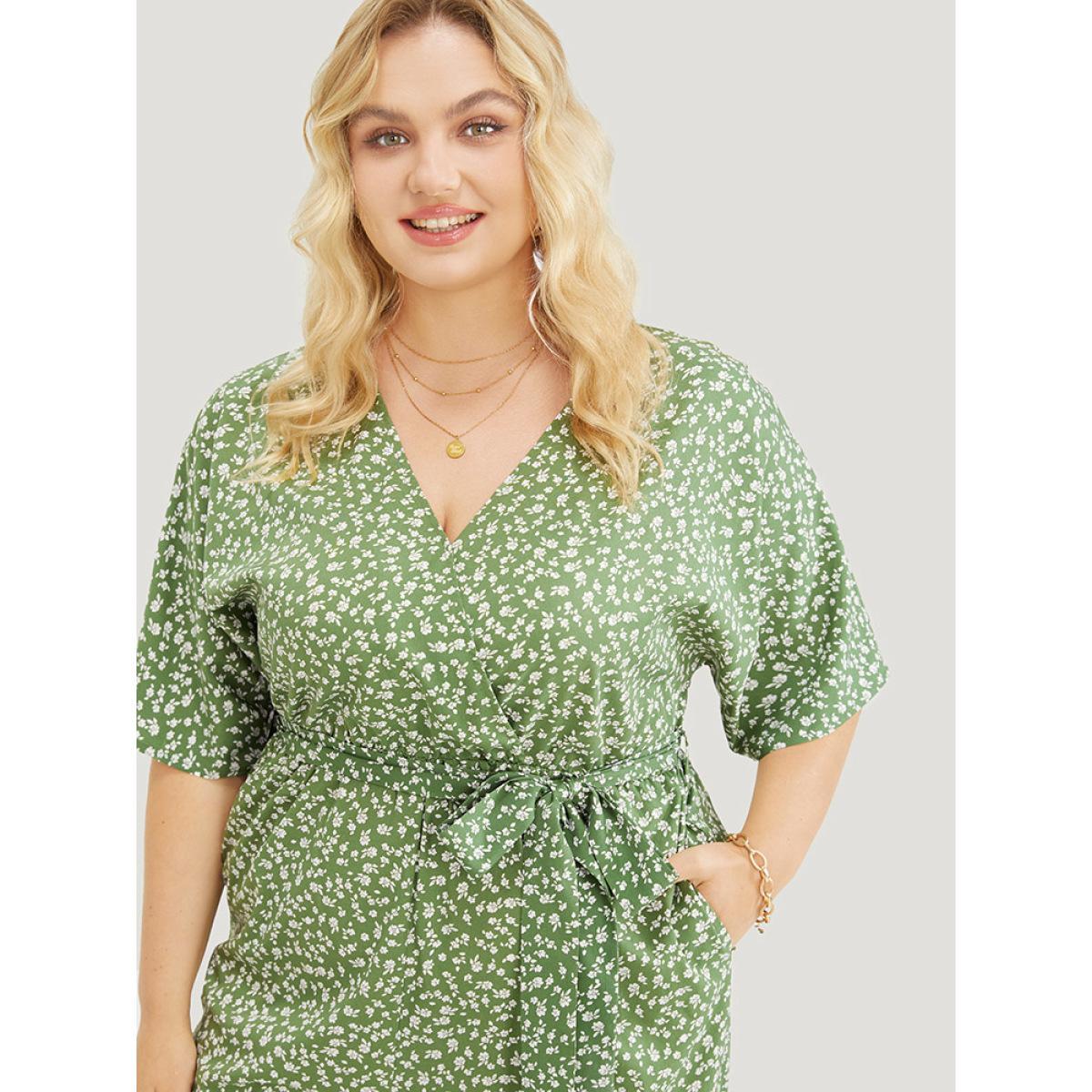 Plus Size Green Ditsy Floral Wrap Pocket Belt Batwing Sleeve Jumpsuit Women Elegant Half Sleeve V-neck Dailywear Loose Jumpsuits BloomChic 30/6X Product Image