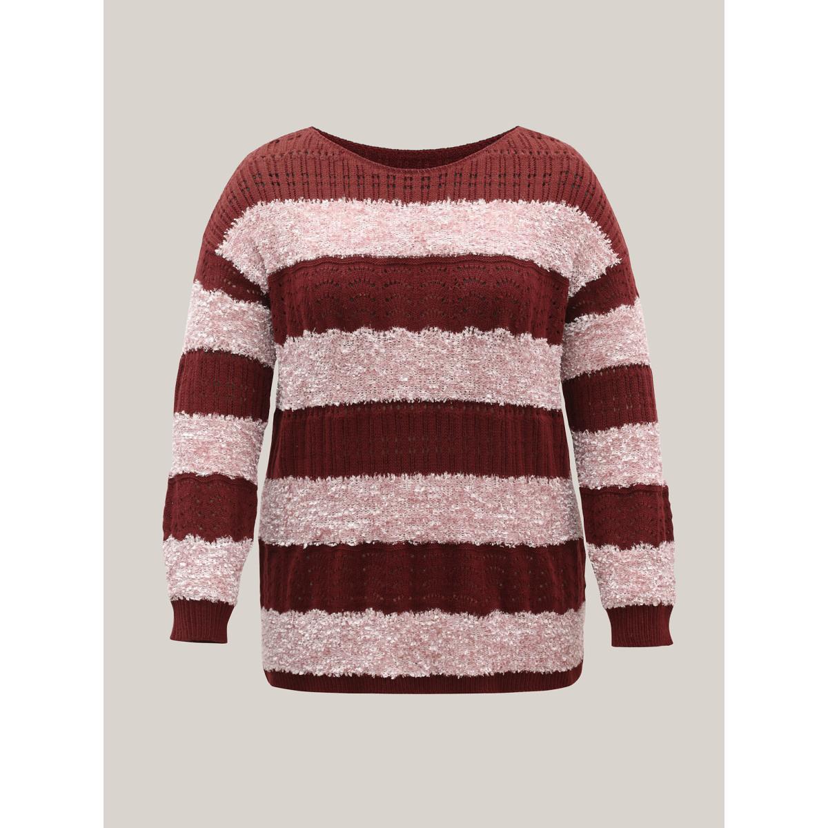 Plus Size Striped Color-Block Textured Pullover Deepred Women Casual Loose Long Sleeve Round Neck Everyday Pullovers BloomChic 18-20/2X Product Image