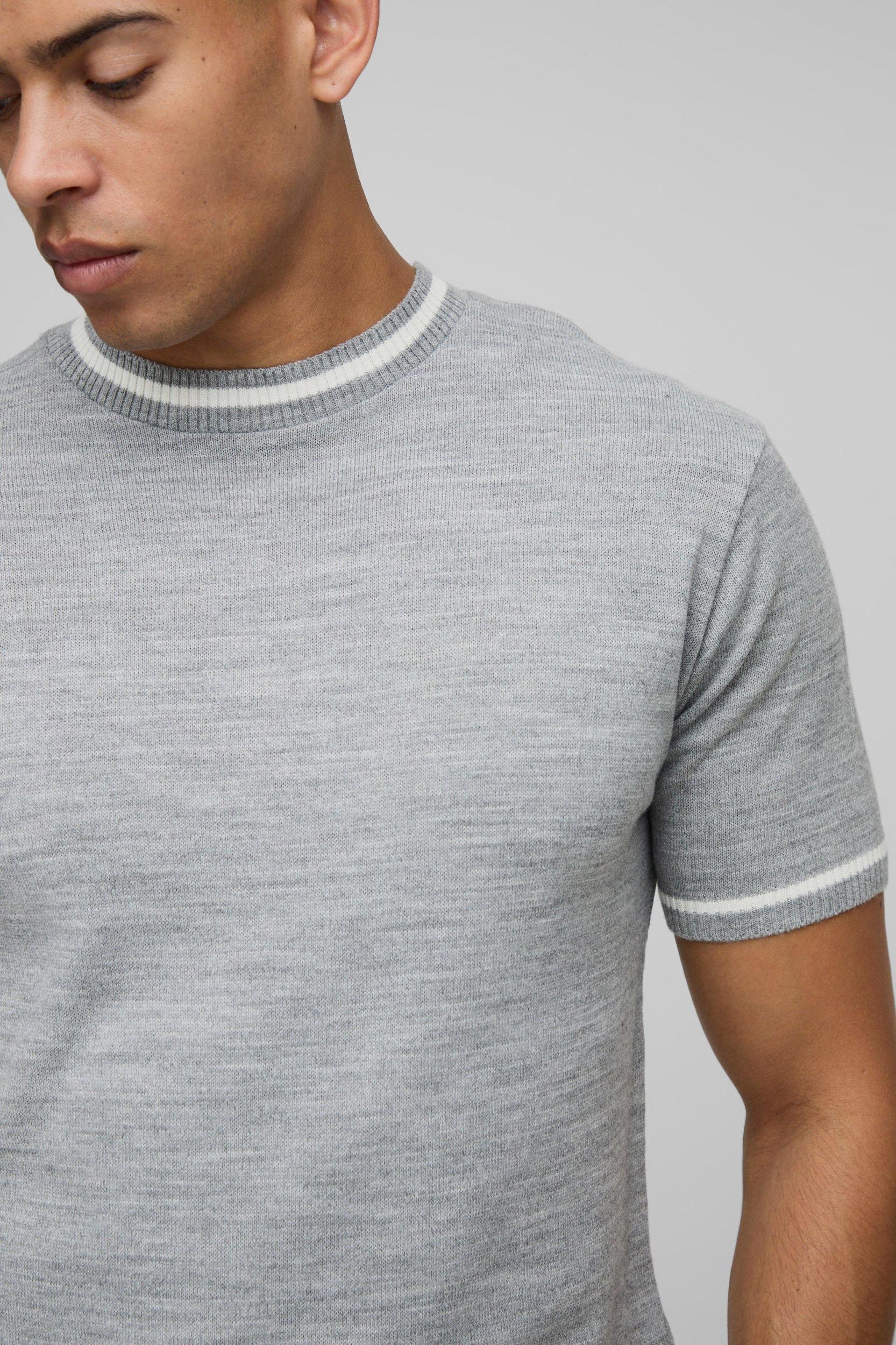 Regular Fit Knitted T-Shirt With Tipping | boohooMAN USA Product Image