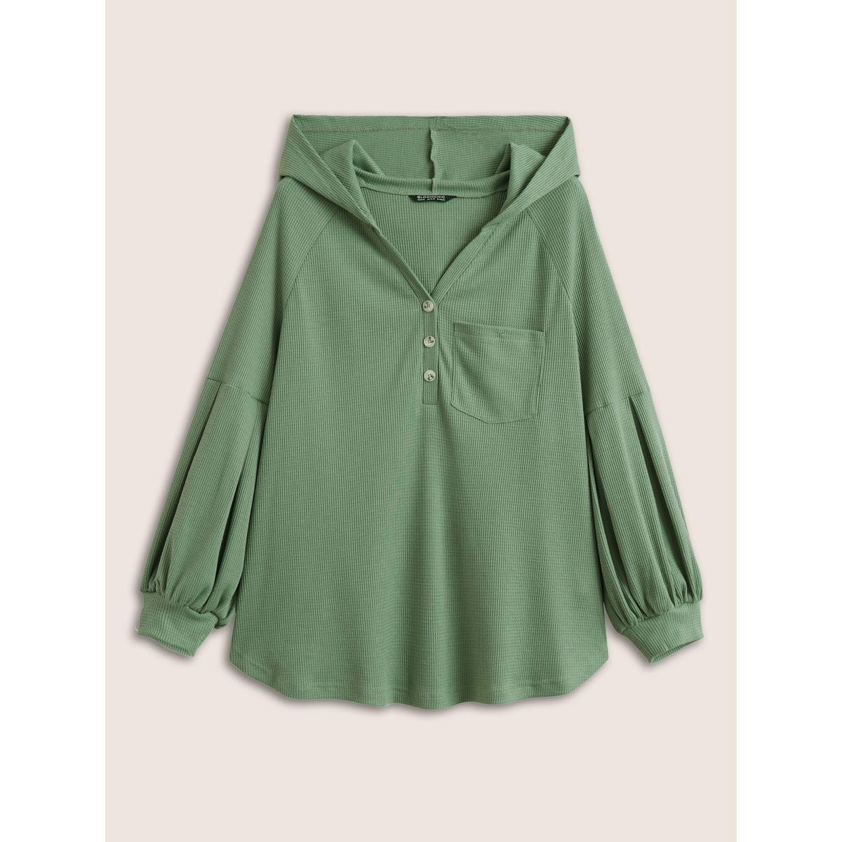 Plus Size Waffle Knit Hooded Lantern Sleeve Patched Pocket Sweatshirt Women Mint Casual Texture Hooded Everyday Sweatshirts BloomChic 22-24/3X Product Image