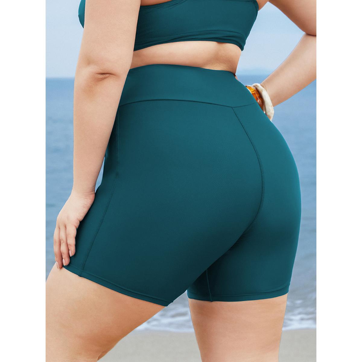 Plus Size Solid Wideband Waist Swim Shorts Women's Swimwear Aegean Beach Non High stretch Skinny High Rise Side seam pocket Curve Swim Bottoms BloomChic 26/4X Product Image