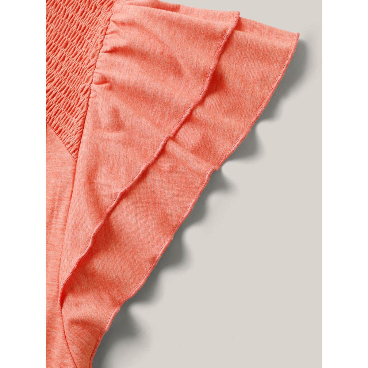 Plus Size Shirred Layered Lotus Leaf Sleeve T-Shirt Salmon Women Gathered V-neck Everyday-Elegant T-shirts BloomChic 18-20/2X Product Image