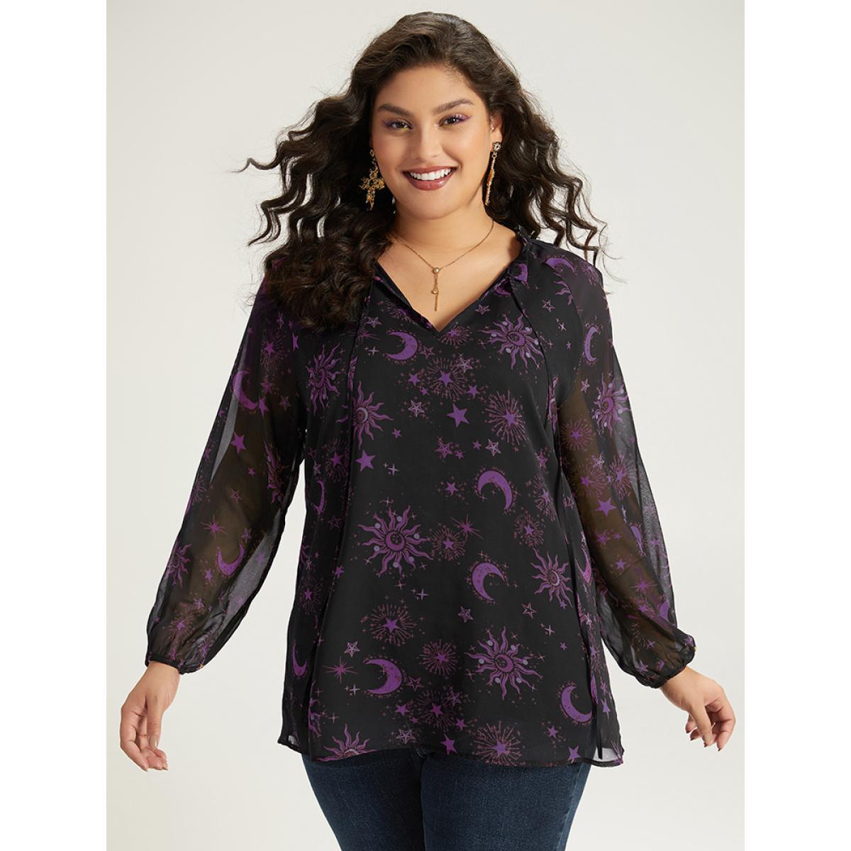 Plus Size Purple Halloween Moon & Star Print Tie Neck Mesh Lantern Sleeve Blouse Women Elegant Long Sleeve Tie Neck Festival-Halloween Blouses BloomChic 14-16/1X Product Image