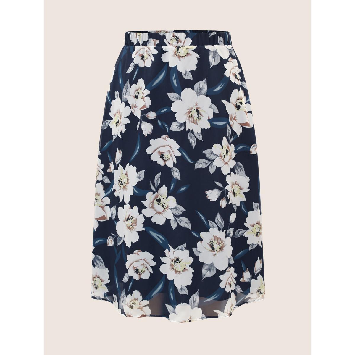 Plus Size Chiffon Mesh Floral Elastic Waist Skirt Women Navy Elegant See through No stretch Side seam pocket Everyday Skirts BloomChic 12/L Product Image
