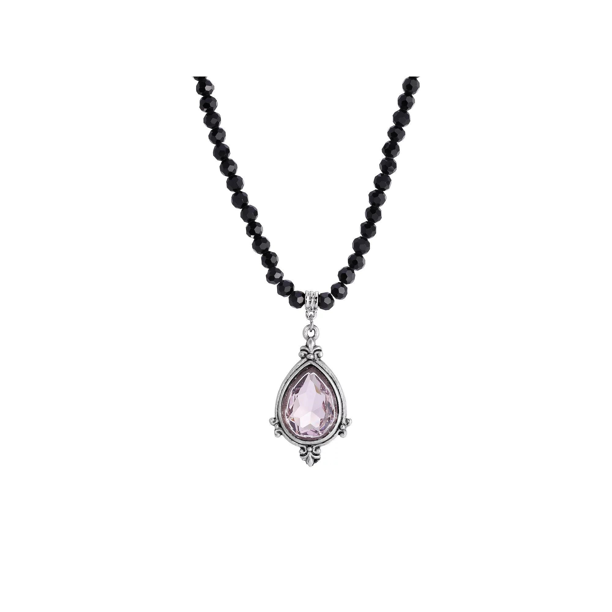 1928 Silver Tone Black Bead Light Purple Crystal Necklace, Womens Product Image