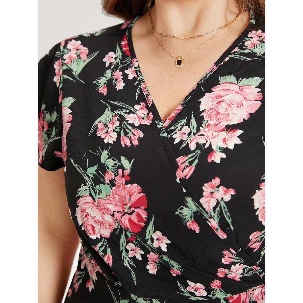 Plus Size Floral Print Wrap Pocket Knot Asymmetrical Hem Dress Black Women Elegant Wrap V-neck Short sleeve Curvy Midi Dress BloomChic 18-20/2X Product Image