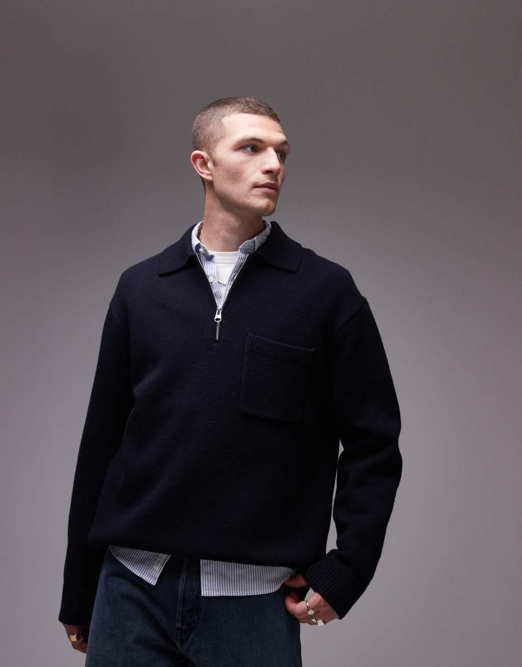ARKET half zip oversized wool sweater in navy  Product Image