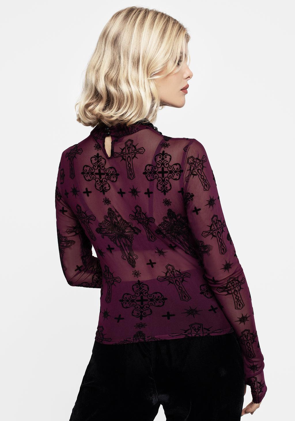 Priestess Flocked Mesh Top - Purple Product Image