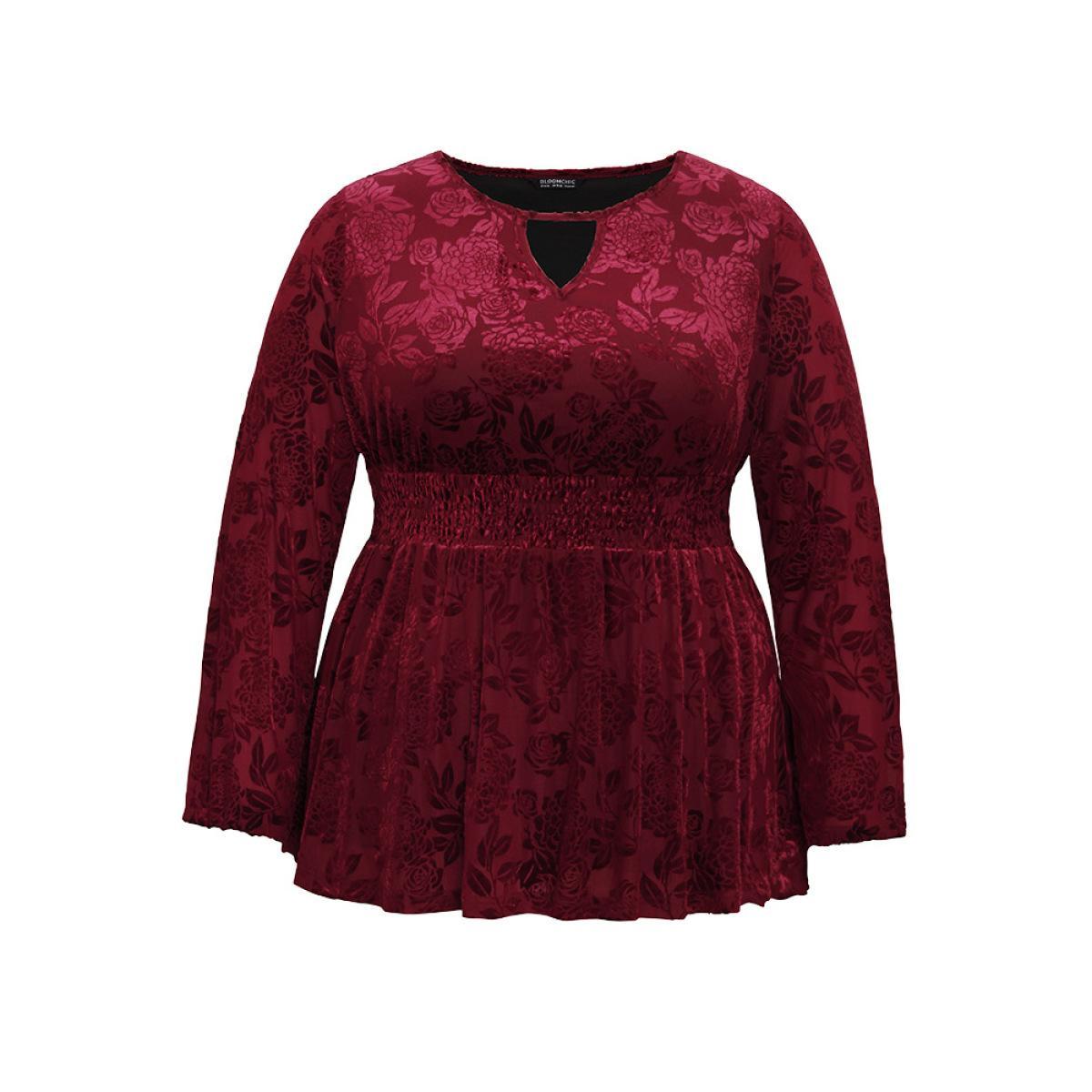 Plus Size Scarlet Velvet Keyhole Crochet Lace Blouse Women Glamour Long Sleeve Keyhole Cut-Out Party Blouses BloomChic 10/M Product Image