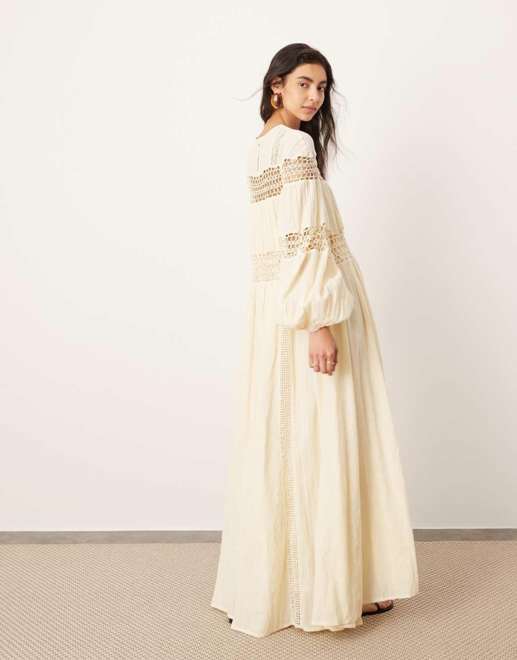 ASOS EDITION crochet trim drop waist blouson sleeve trapeze maxi dress in buttermilk Product Image