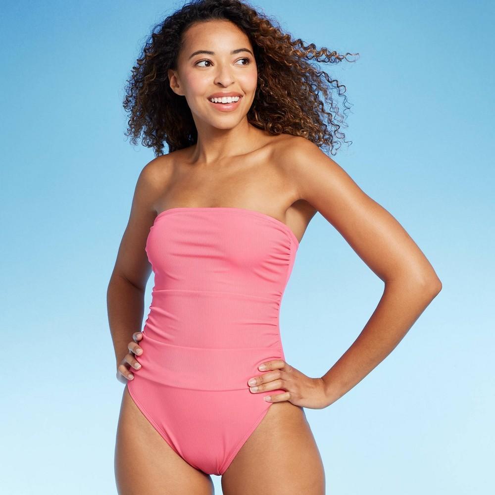 Womens Shirred Ribbed Bandeau Cheeky One Piece Swimsuit - Shade & Shore Product Image