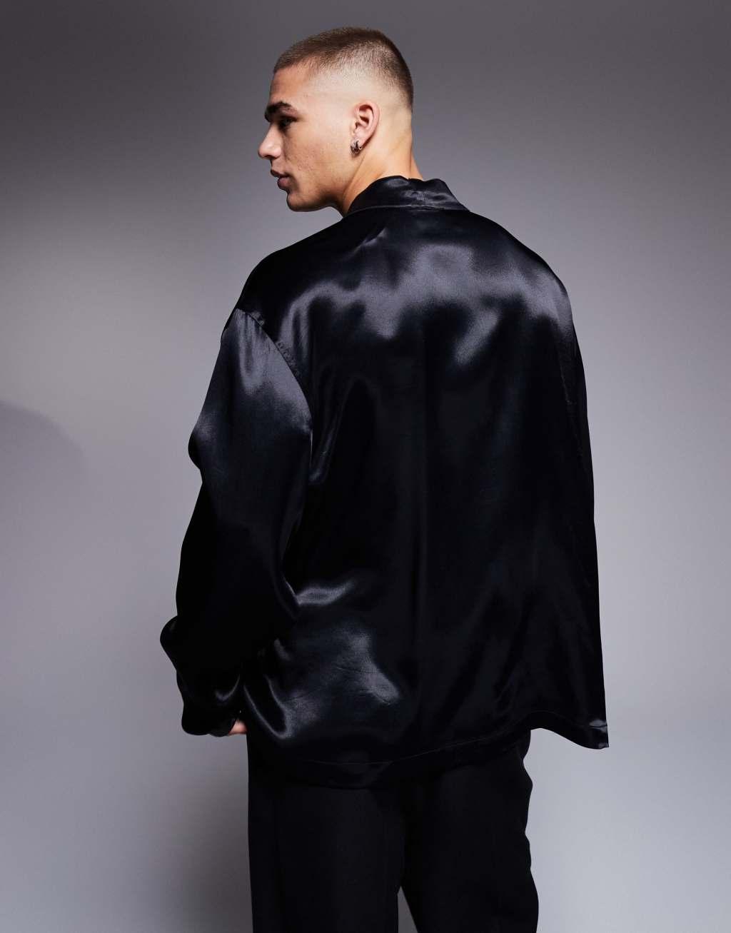 ASOS DESIGN wrap shirt in black satin Product Image