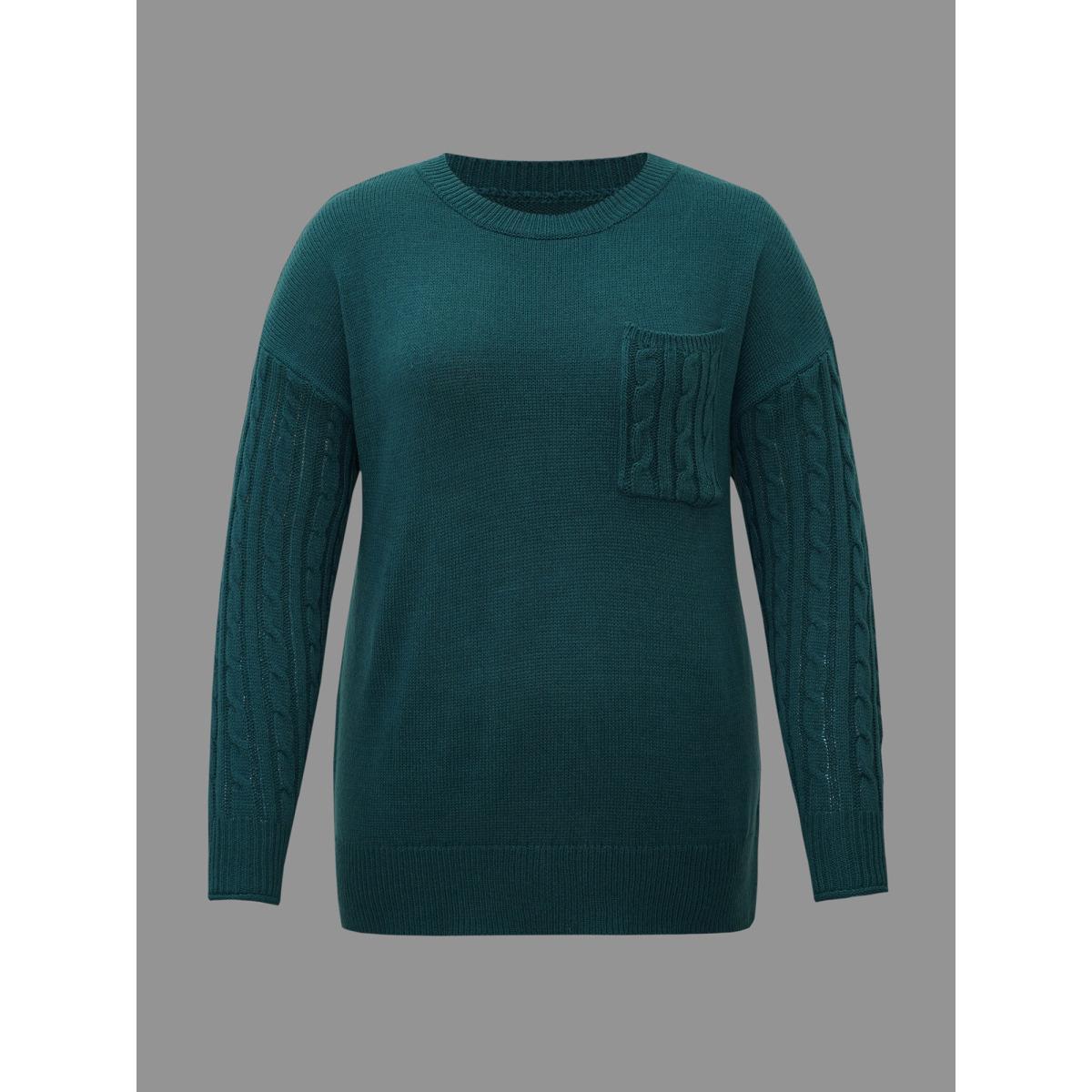 Plus Size Cable Knit Sleeve Chest Pocket Pullover Cyan Women Casual Loose Long Sleeve Round Neck Everyday Pullovers BloomChic 18-20/2X Product Image