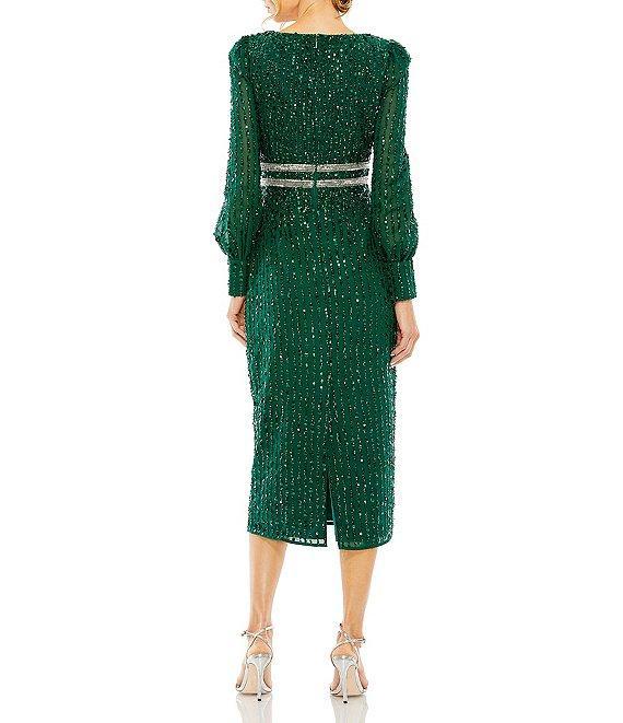 Mac Duggal Sequin V-Neck Long Bishop Sleeve Midi Dress Product Image