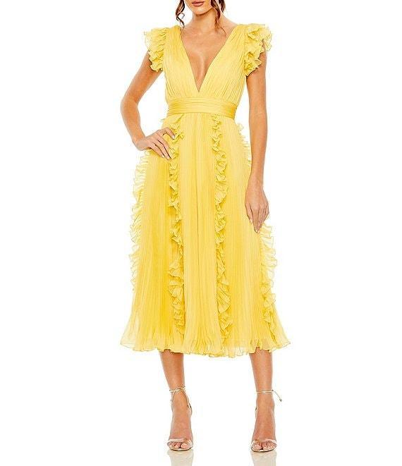 Mac Duggal Pleated Chiffon Deep V-Neck Flutter Sleeve Ruffle Midi Dress Product Image