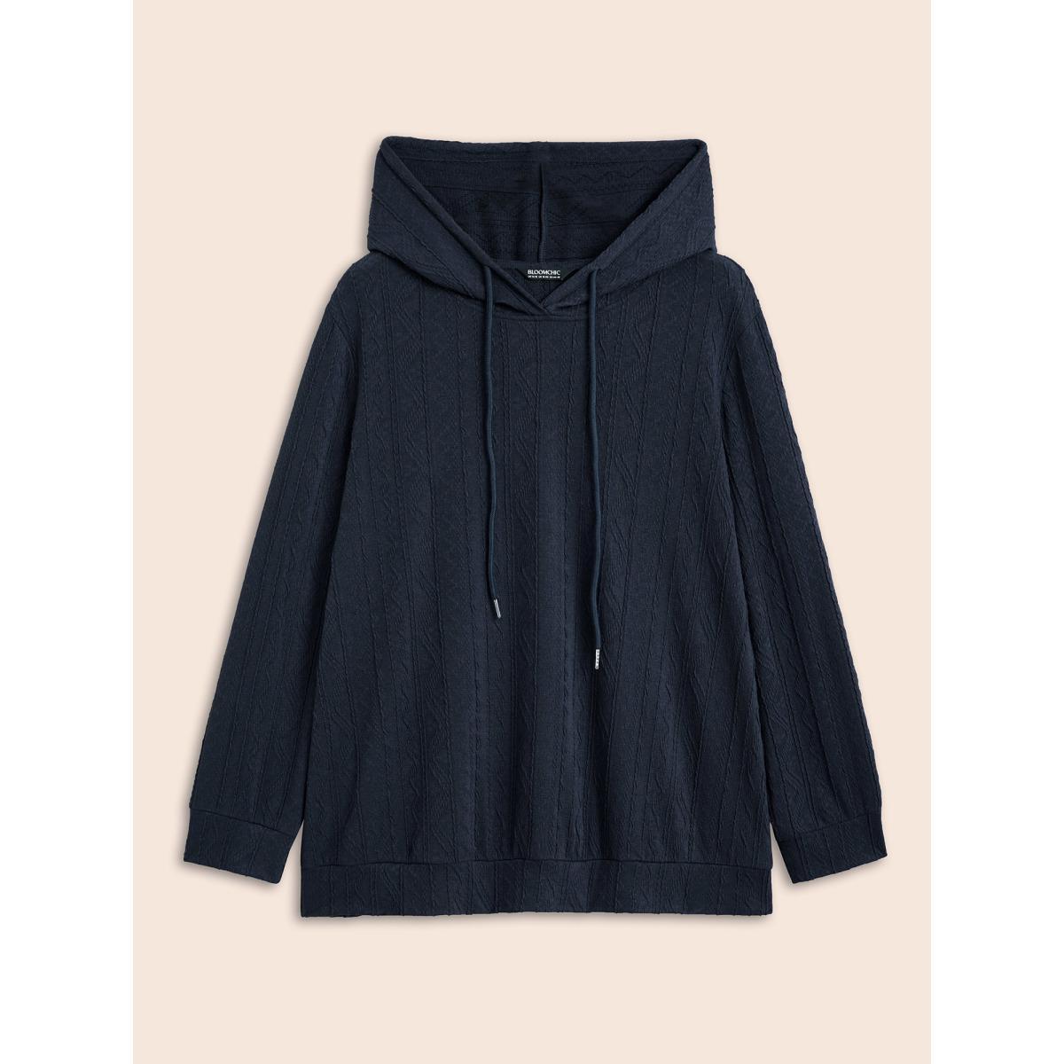 Plus Size Plain Textured Hooded Drawstring Sweatshirt Women Blue Casual Elastic cuffs Hooded Everyday Sweatshirts BloomChic 28/5X Product Image