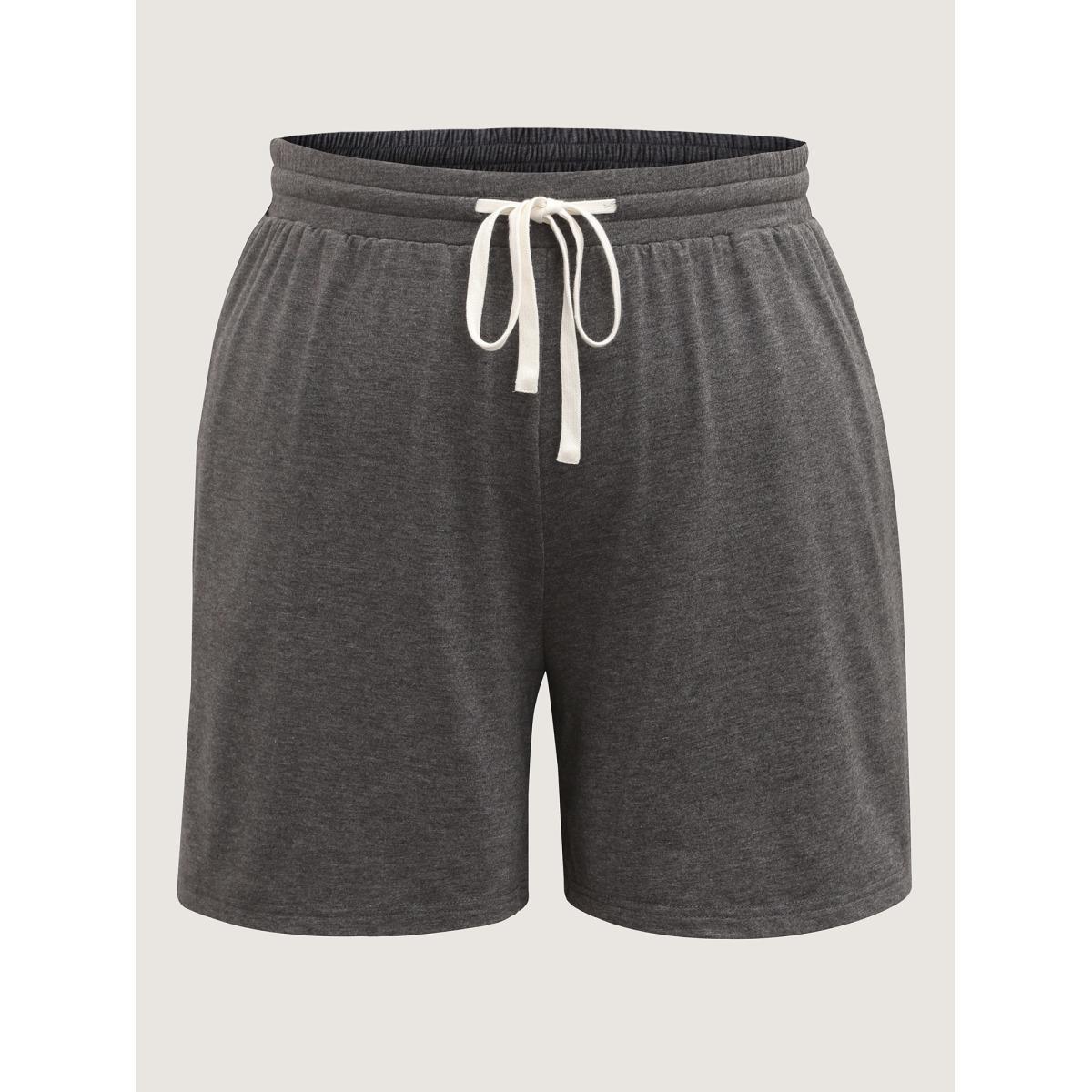 Plus Size Supersoft Contrast Drawstring Mixed Knit Shorts Women DimGray Basics Drawstring Straight Leg Everyday-Casual Shorts BloomChic 26/4X Product Image